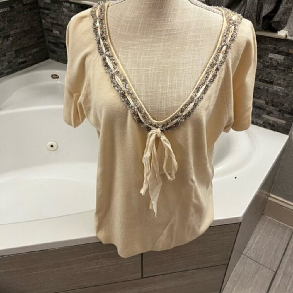 Vintage Plus Size Womens 2X Dana Buchman Cream Blouse with Embellished V-Neck